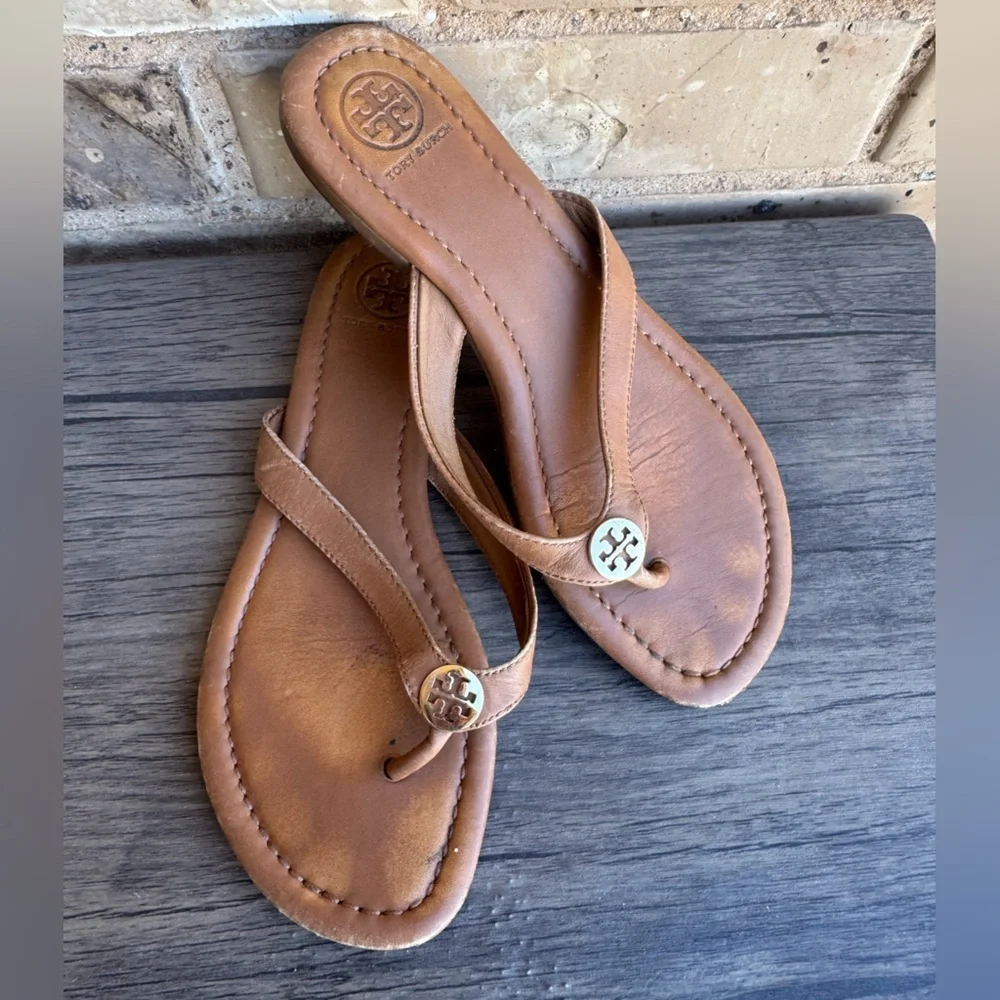Tory Burch Thor’s Women’s Tan Leather Logo Thong Sandals Size 7